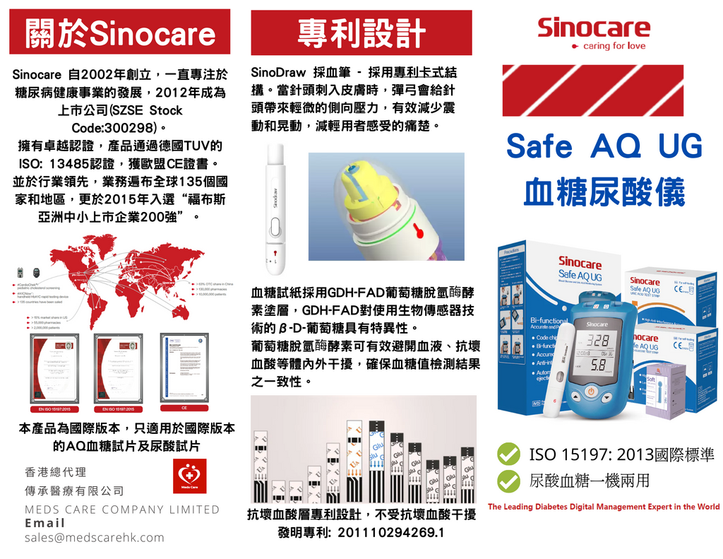 Sinocare AQ UG 2合1血糖尿酸測試儀 國際品牌