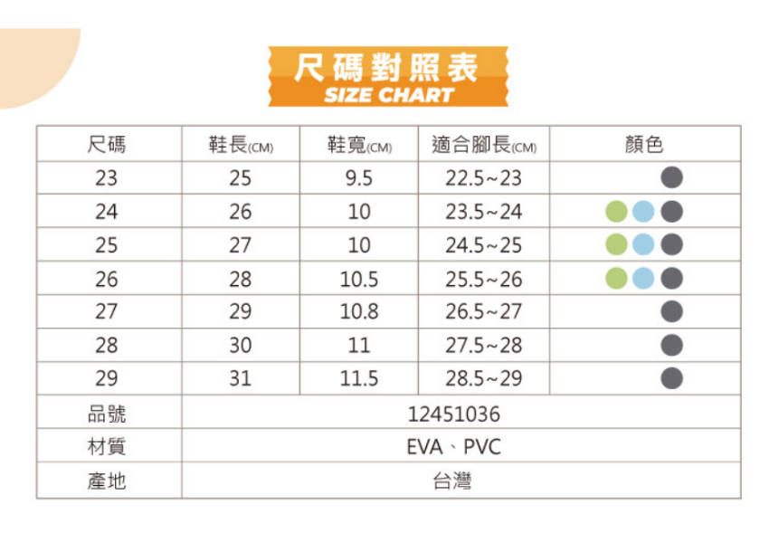 ATTA 魔術貼多點支撐足弓拖鞋 尺碼對照表 包含尺碼、鞋長、鞋寬、適合腳長及顏色