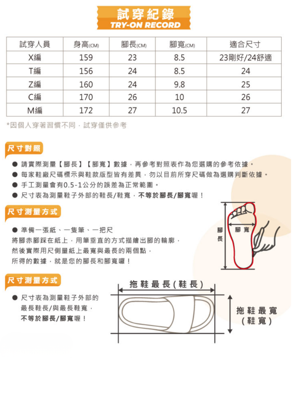 ATTA 魔術貼多點支撐足弓拖鞋 試穿紀錄表格 包含身高和鞋碼信息
