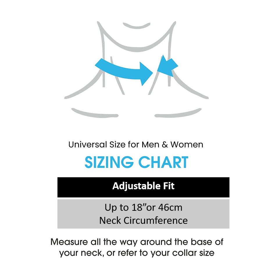 英國時尚護頸托尺碼圖表，顯示可調適合男士和女士，頸圍最大可達18"或46cm