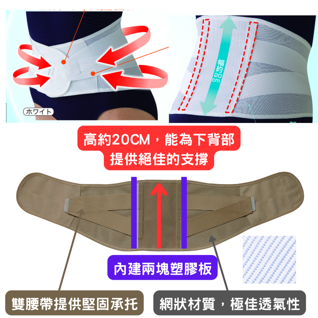 輕量雙重承托透氣腰封，提供背部支撐與透氣舒適，適合腰痛和姿勢不正確人士使用。