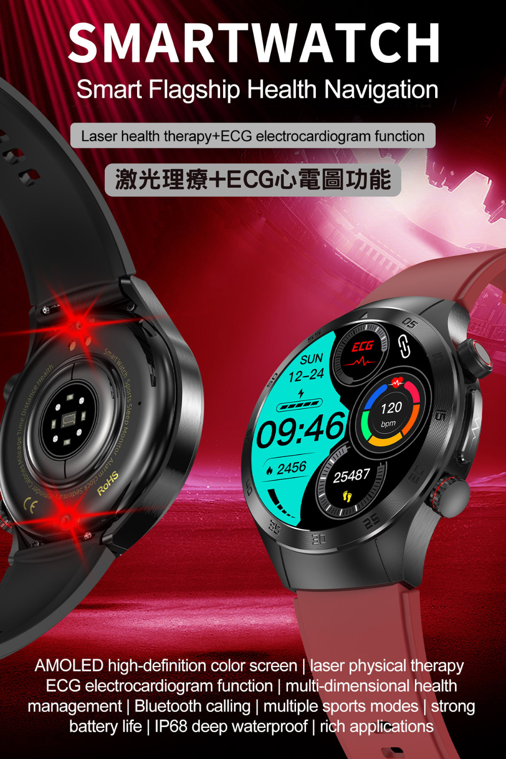 多功能激光理療智能手錶 E800無創血糖尿酸監測手錶