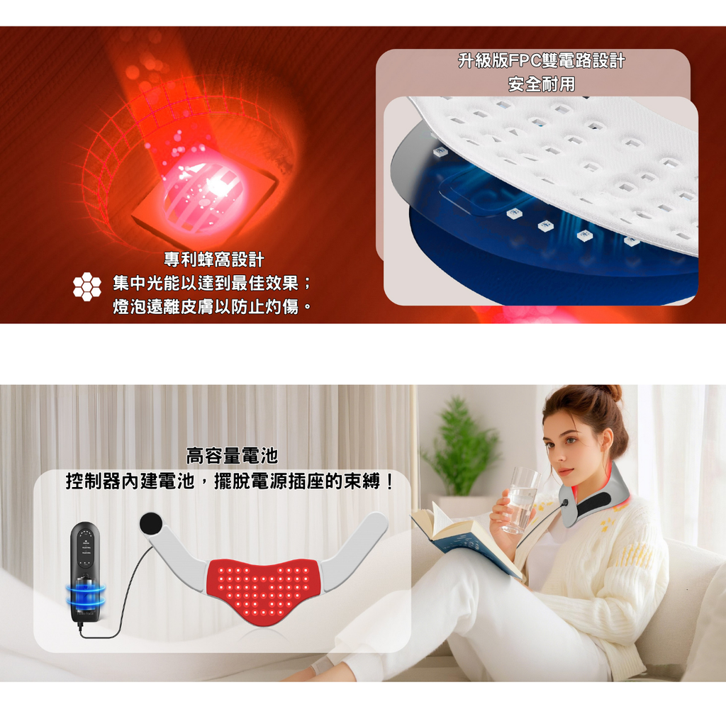 蜂巢式紅光披肩理療墊，專利設計，安全可靠的紅光治療設備，適合頸部使用