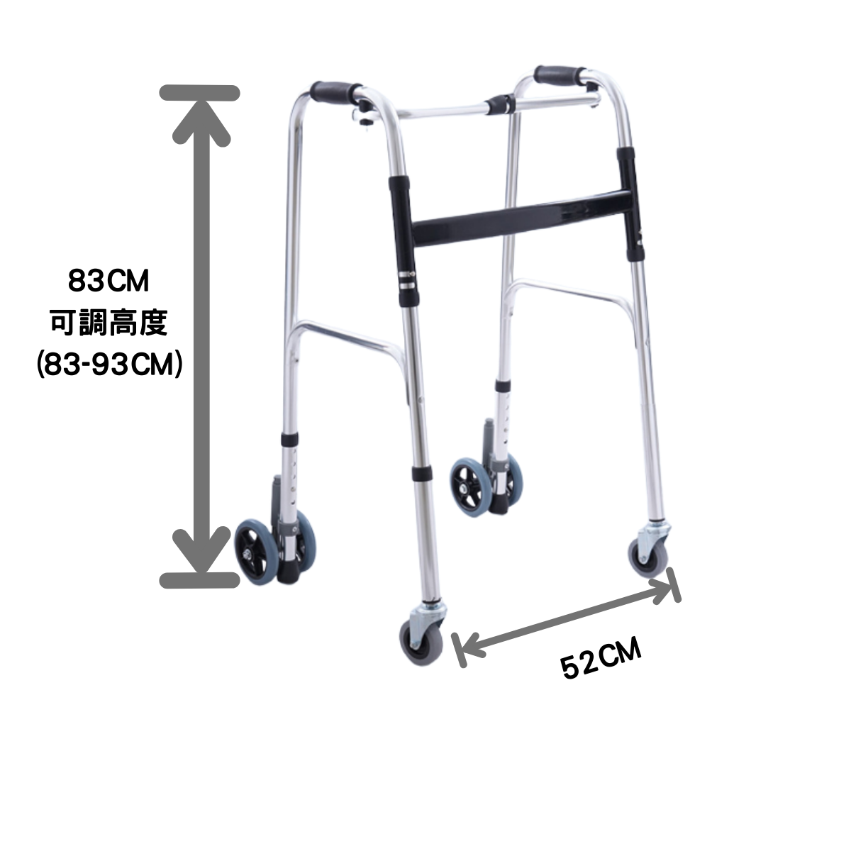 前後輪助行架：360度轉向前輪+按壓剎車