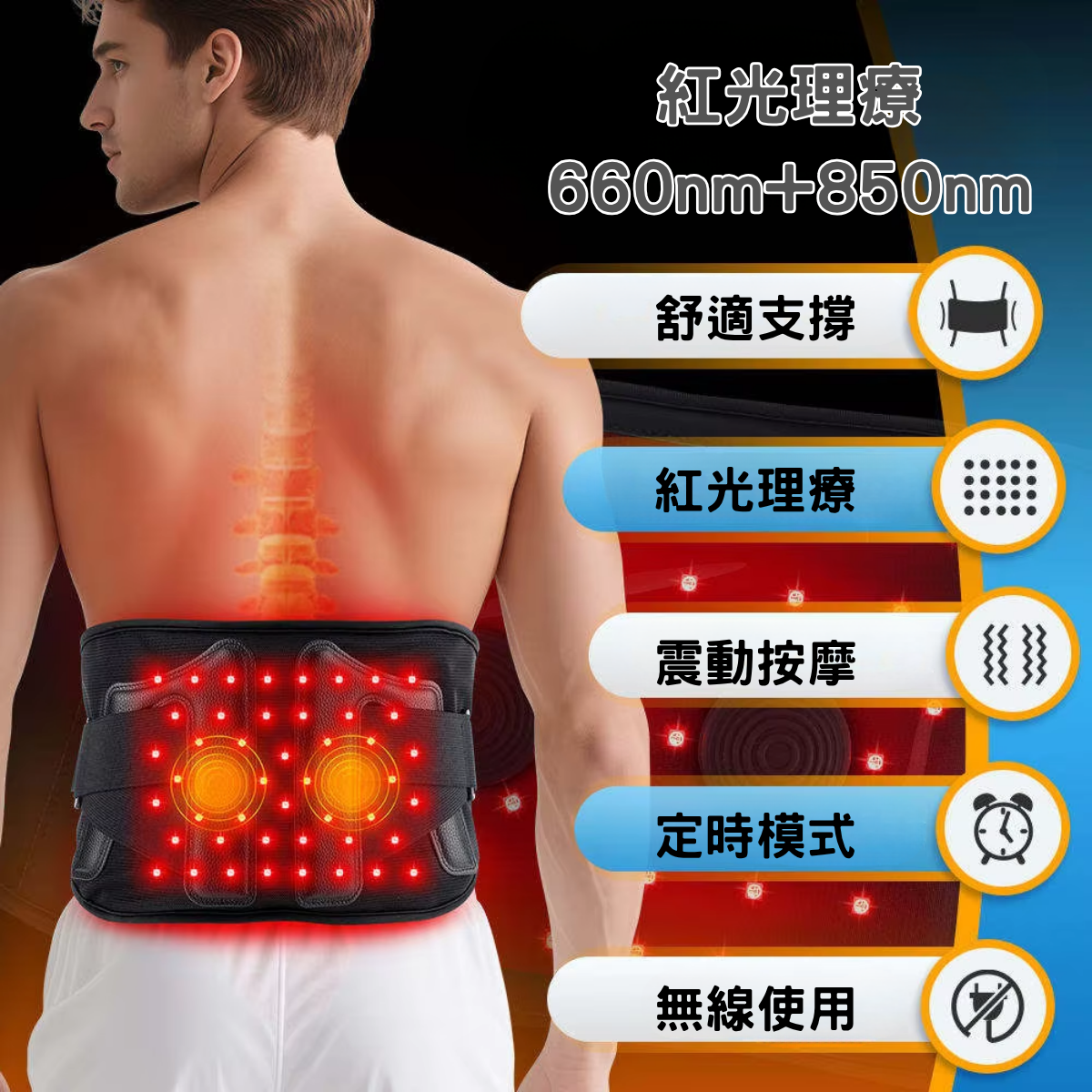 雙效紅光震動舒緩腰帶：46顆雙核芯光學理療