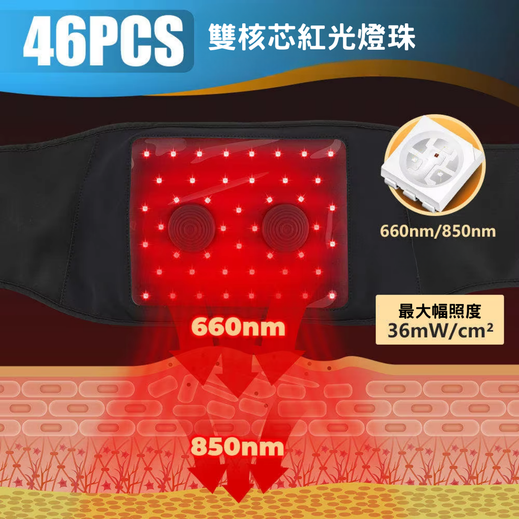 雙效紅光震動舒緩腰帶：46顆雙核芯光學理療