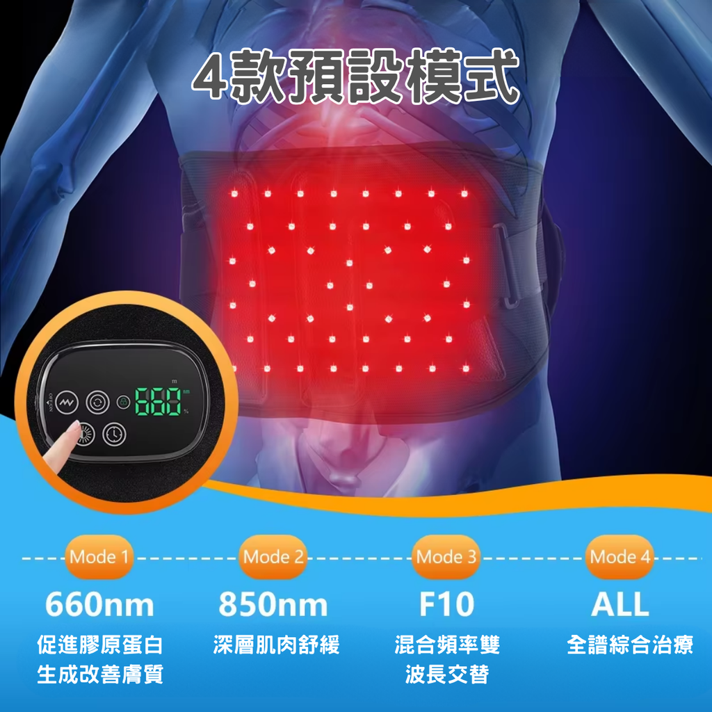 雙效紅光震動舒緩腰帶：46顆雙核芯光學理療