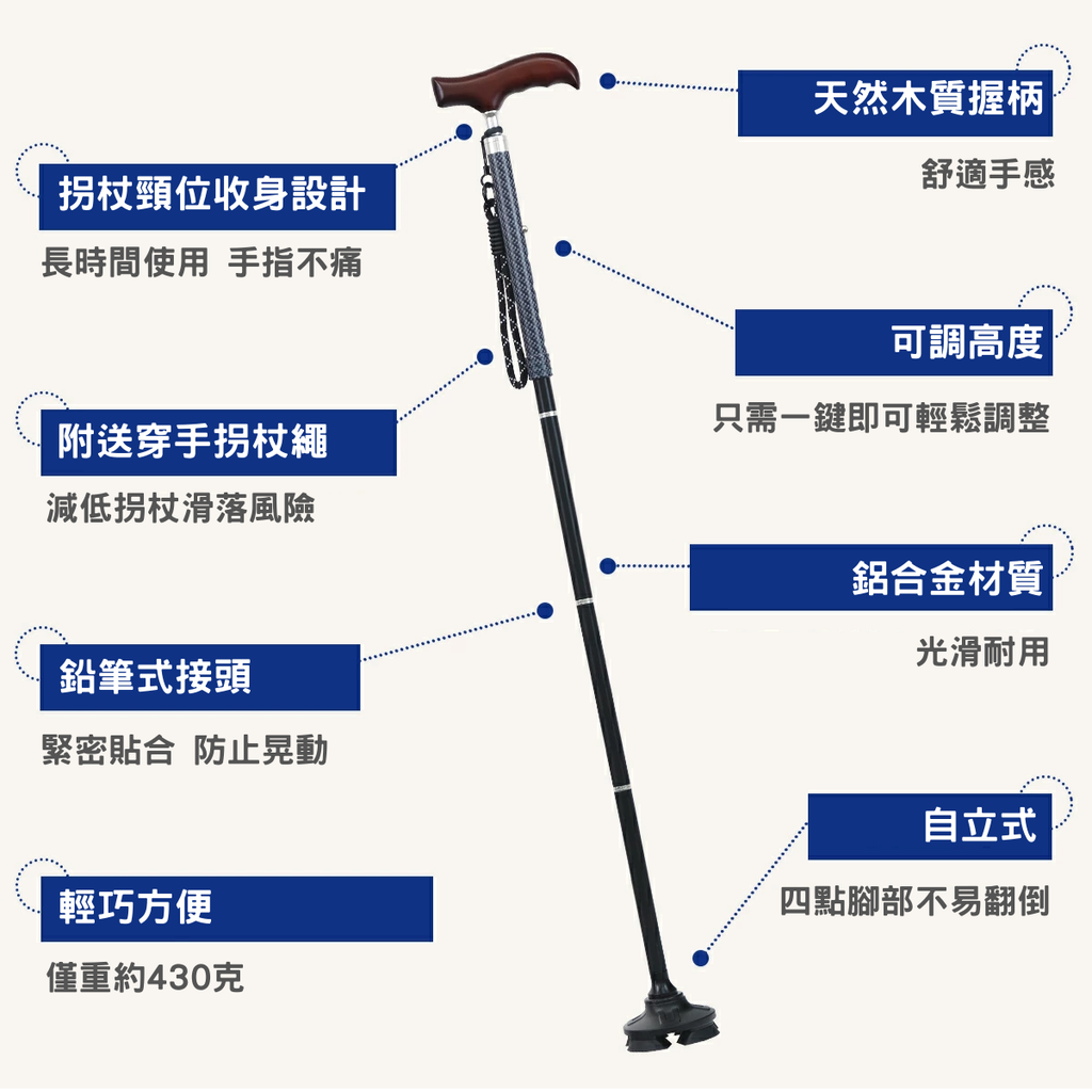 [樂樂健]木柄折疊自立拐杖 黑紋長款