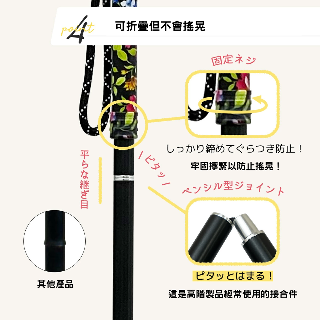 [樂樂健] 木柄折疊自立拐杖 黑花 標準款