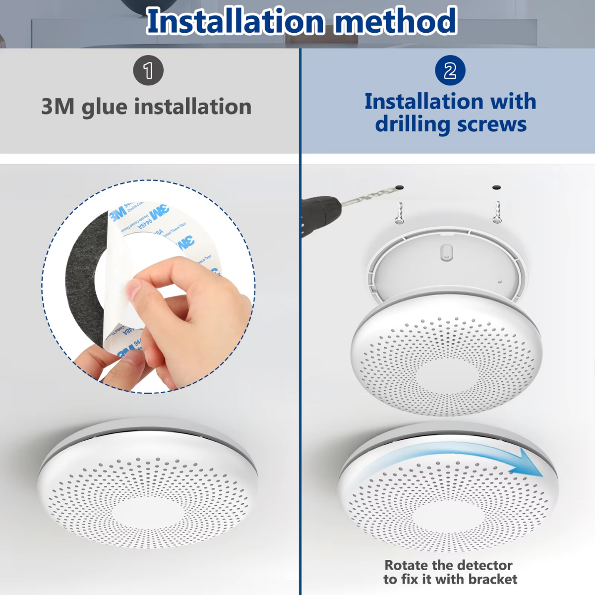 安裝方法示意圖，展示煙霧感應器的3M膠或螺絲安裝選項。