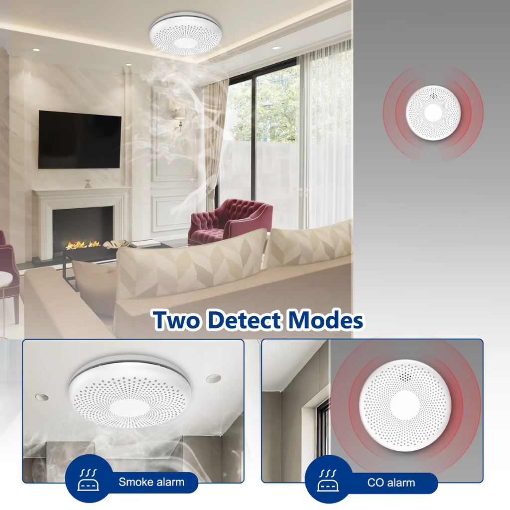 煙霧感應器與一氧化碳警報器的視覺展示，顯示雙重檢測模式