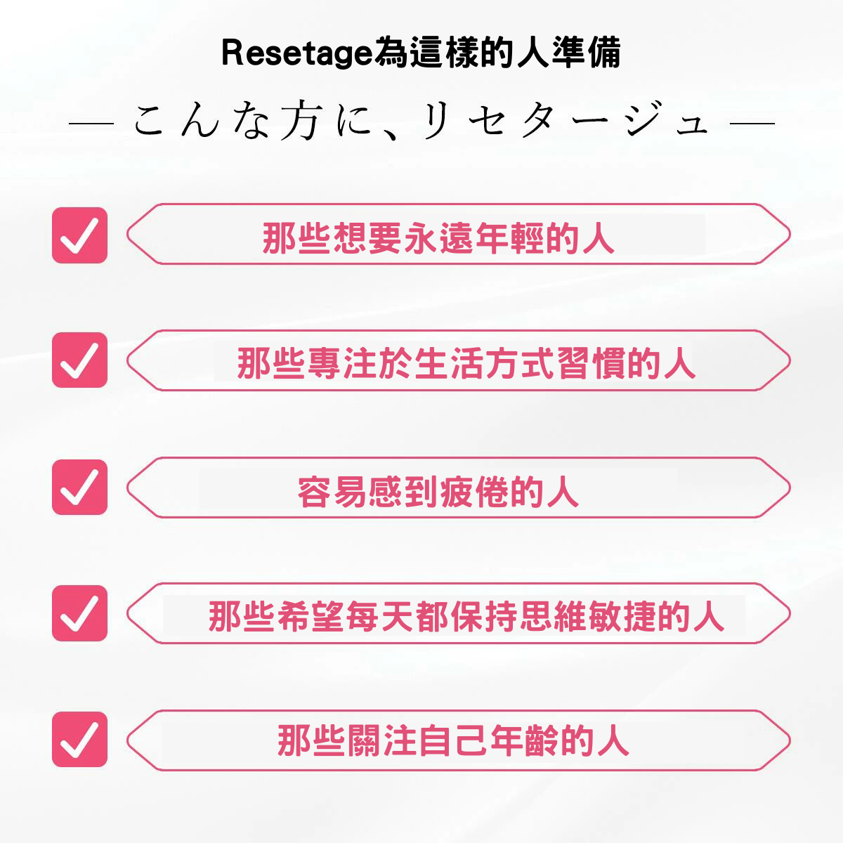 Resetage準備的對象，包含各種生活習慣與需求的人群，強調年輕與活力提升。